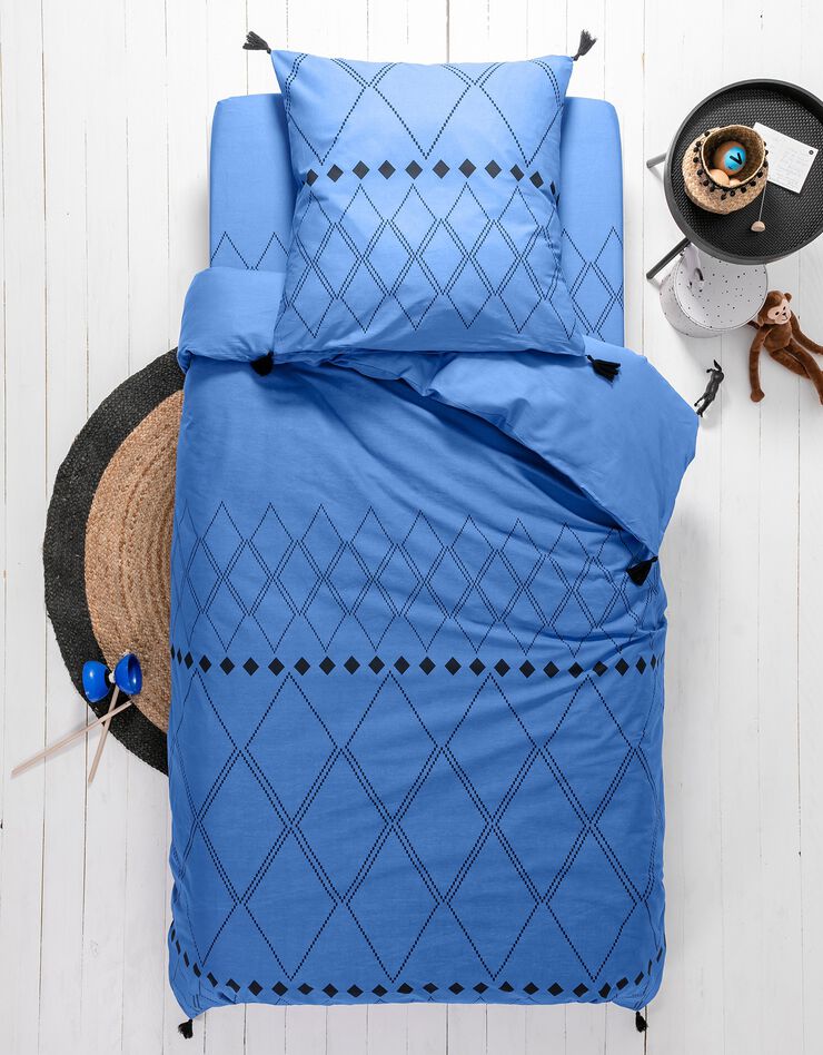 Linge de lit enfant Massai - coton motifs graphiques et finitions pompons (bleu océan)