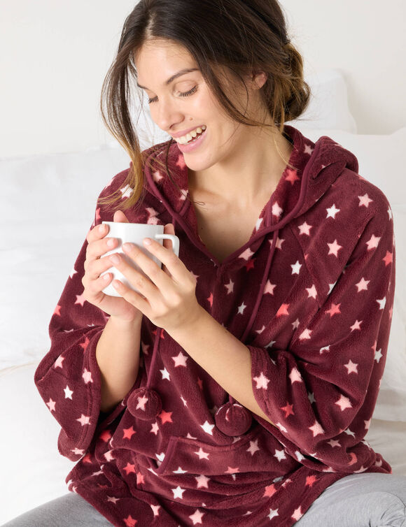 Poncho in fleece met pluchetouch en kap (bordeaux / koraal)
