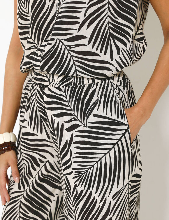 Pantalon large taille &eacute;lastiqu&eacute;e imprim&eacute; palme, cr&eacute;pon fluide (&eacute;cru / noir)