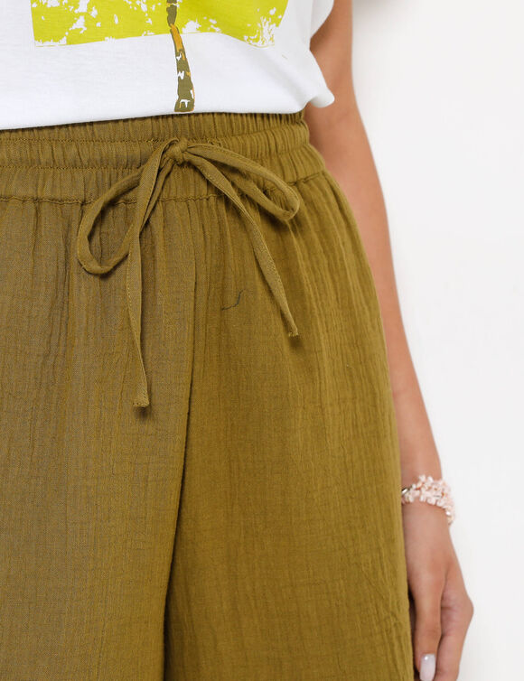 Short large taille haute, gaze de coton (kaki)