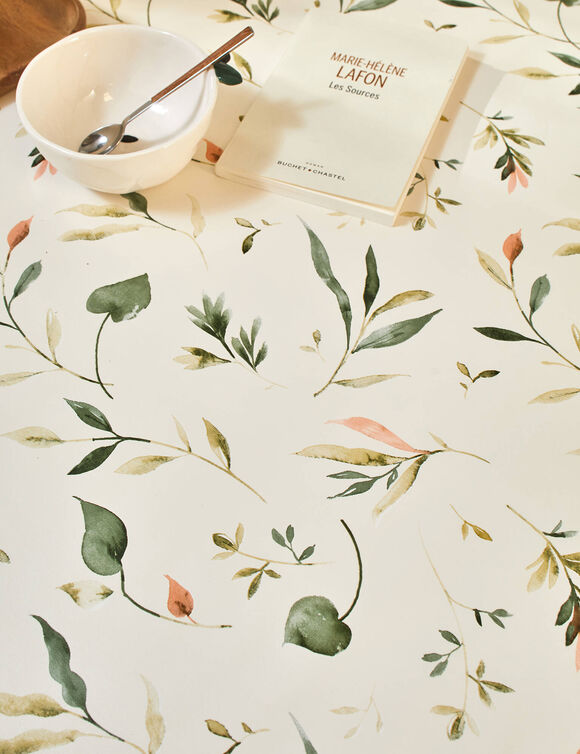 Nappe toile cir&eacute;e imprim&eacute; Florale  (&eacute;cru / vert)