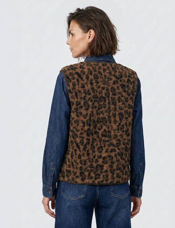 Veste sans manches imprim&eacute; l&eacute;opard, maille bouclette (beige / chocolat)