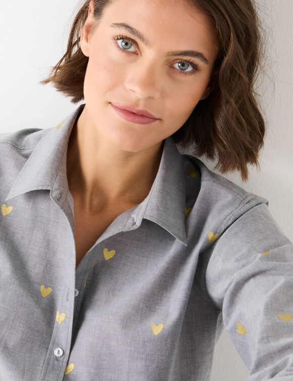 Bloes in chambray met knoopsluiting en hartjesprint (grijs / goudkleurig)