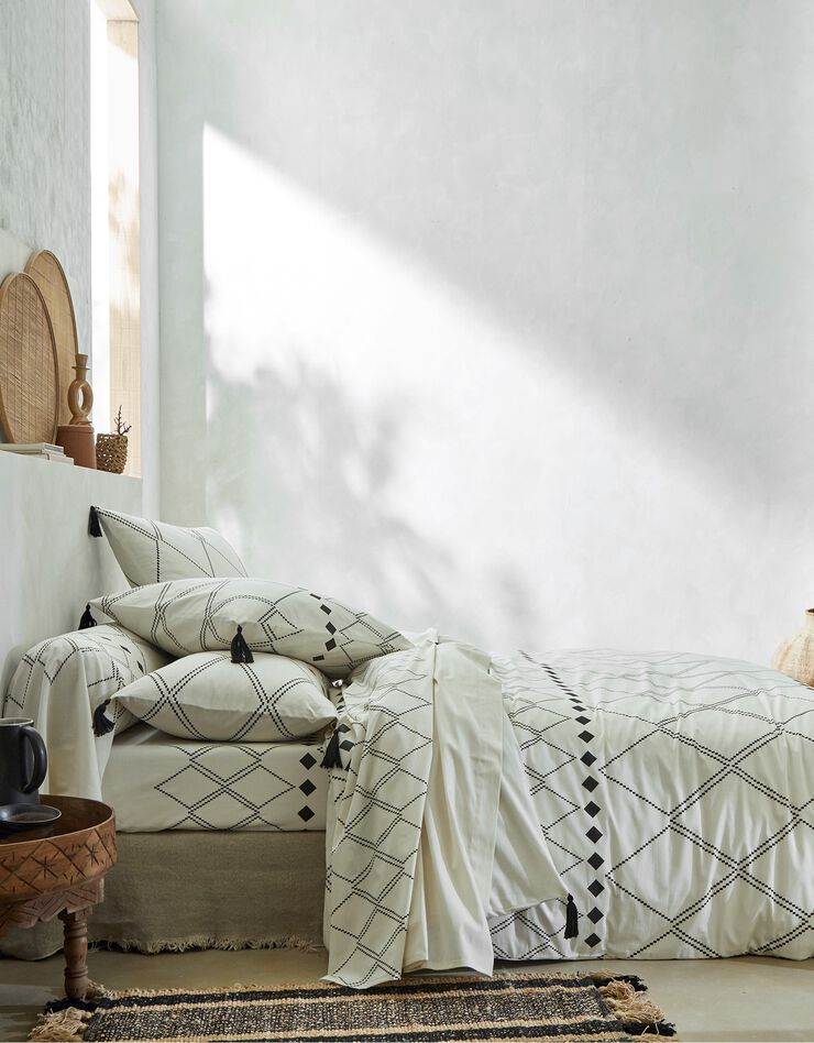 Linge de lit Massai coton à motifs graphiques et finitions pompons (écru)