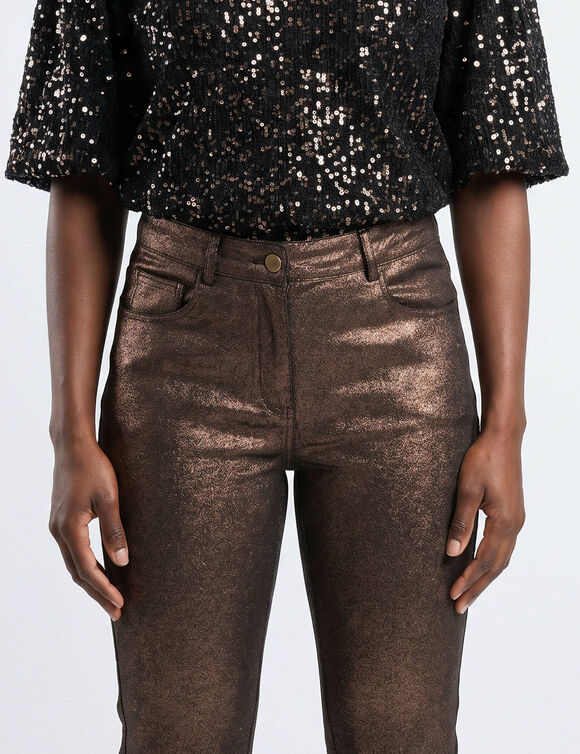 Pantalon droit enduit &agrave; paillettes (cuivre)
