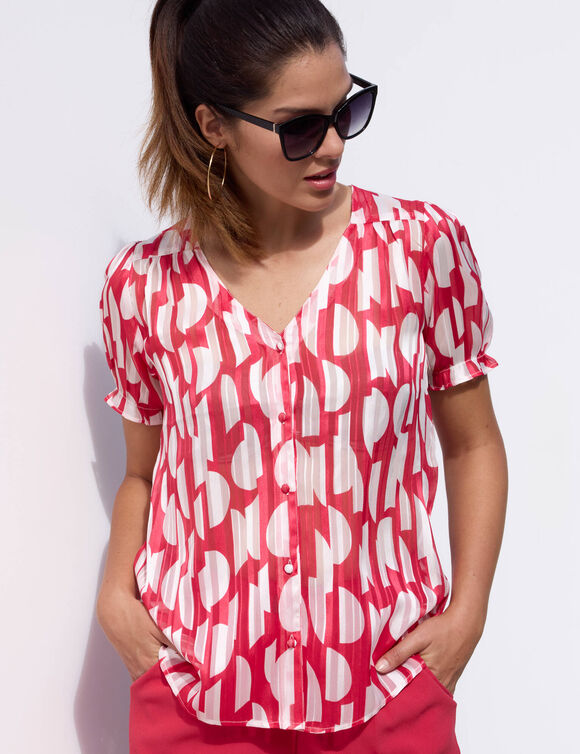 Chemisier manches blousantes imprim&eacute; bicolore, voile jacquard (&eacute;cru / rouge)