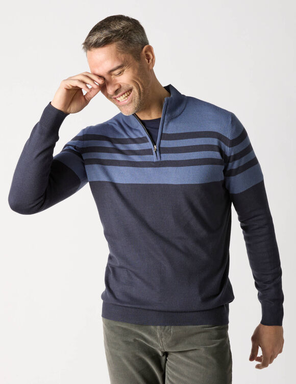 Pull rayé col montant zippé (marine / bleu)