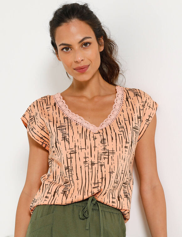 T-shirt imprim&eacute;, col V macram&eacute; (p&ecirc;che / chocolat)
