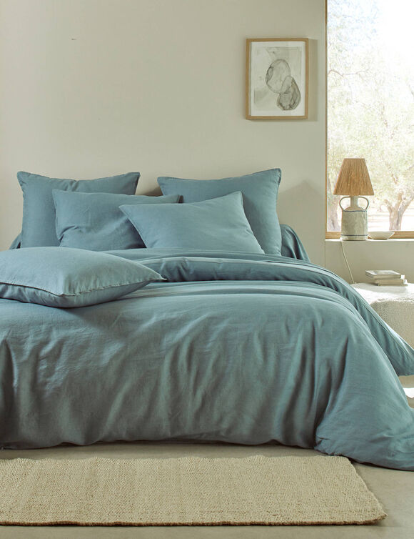 Linge de lit uni biface lin lav&eacute; / coton lav&eacute;  (bleu gris&eacute;)