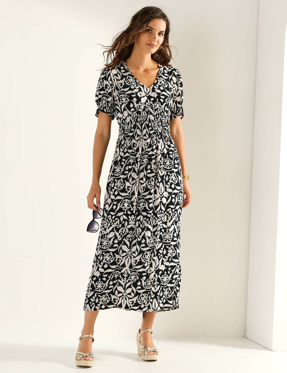 Lange jurk met blauw/beige print (zwart / beige)