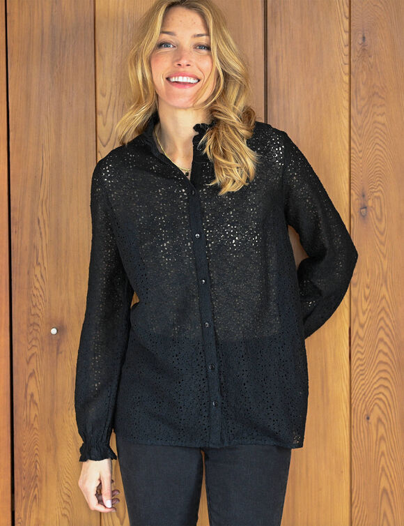Blouse col montant volantée, dentelle (noir)