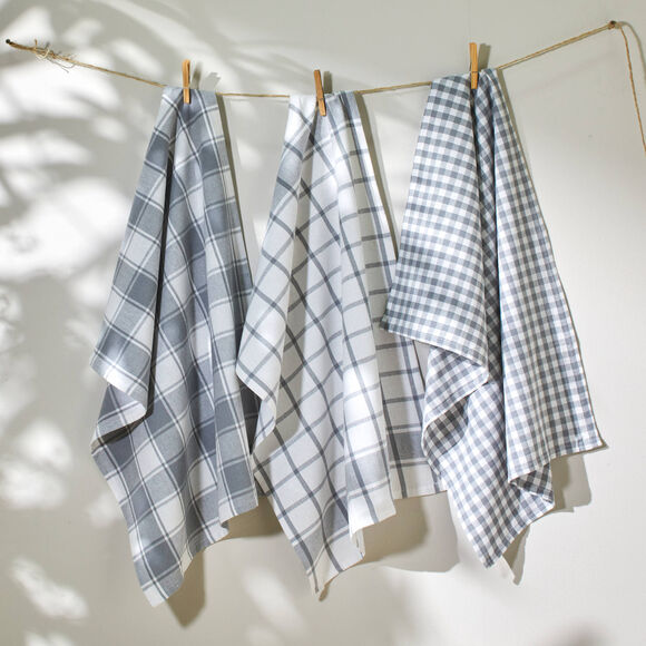 Katoenen droogdoek met ingeweven ruiten - set van 3 (grijs)