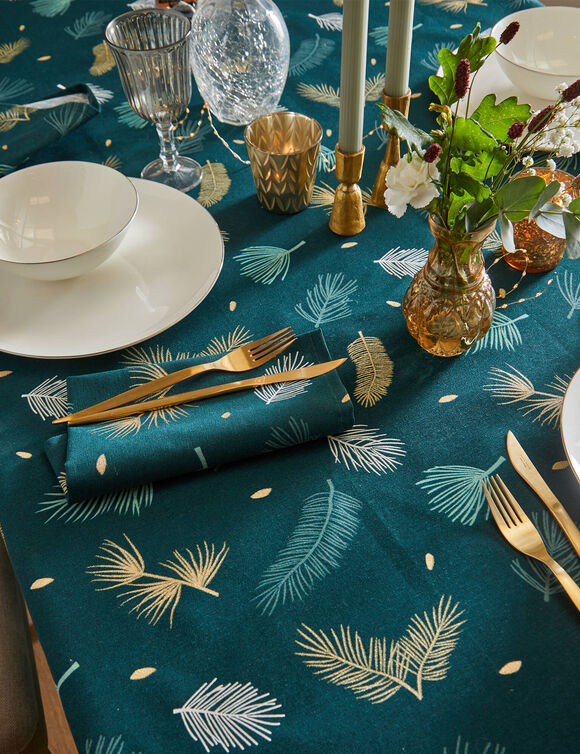 Tafellaken met goudkleurige bladerenprint (groen / goudkleurig)