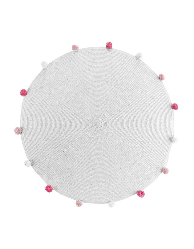 Tapis finition pompons - rond (blanc/rose)