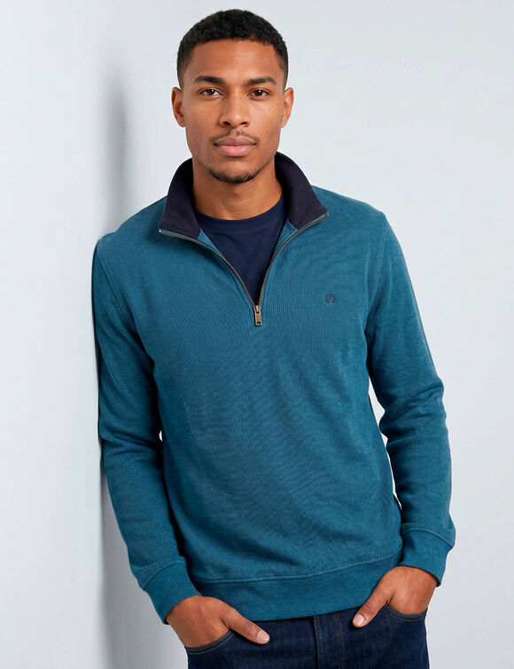 Warm sweatshirt met hoge kraag en ritssluiting, van geribd tricot (oceaanblauw)