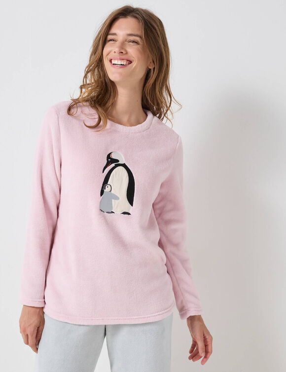 Pyjama pantalon polaire motif "pingouins" manches longues (rose / gris)