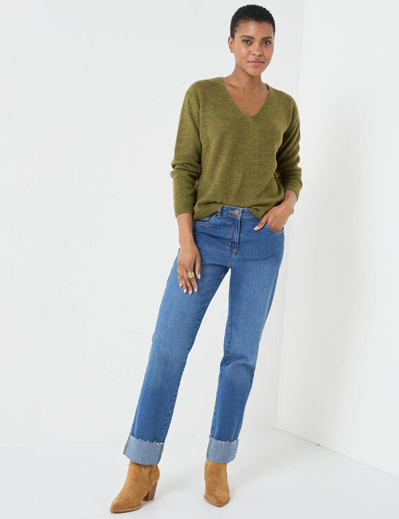 Pull col V manches longues, laine et mohair mélangés (vert mousse)
