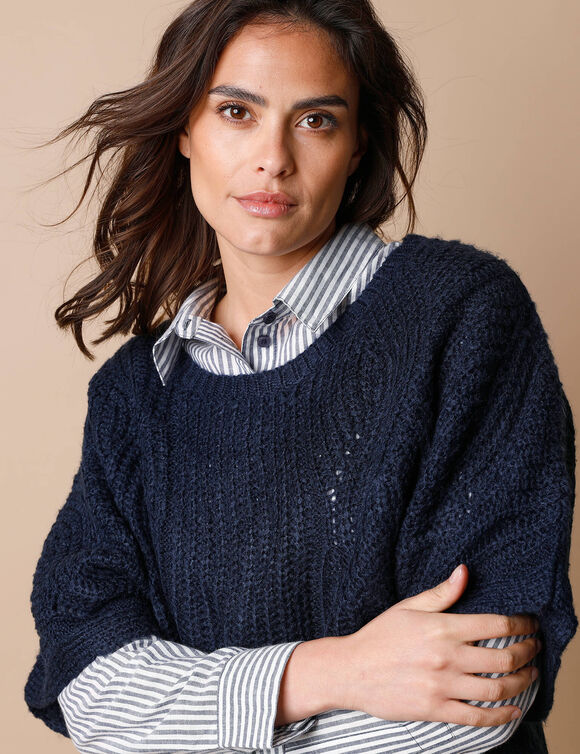 Pull poncho manches coudes, maille anglaise et torsades (marine)