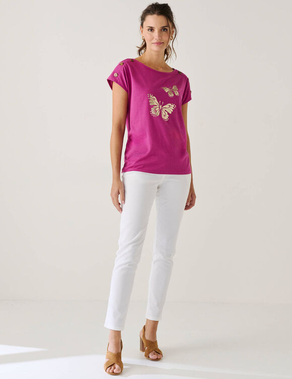 T-shirt col rond imprim&eacute; papillon dor&eacute; (prune)