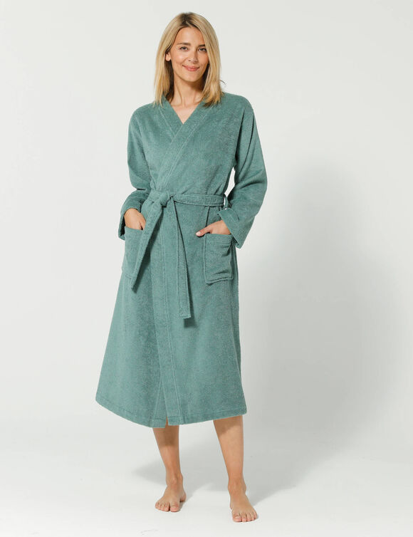 Peignoir mixte adulte col kimono éponge bouclette  (eucalyptus)