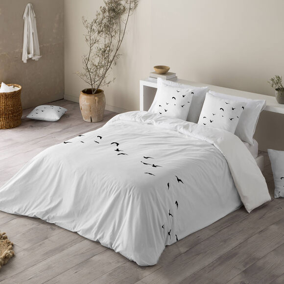 Bedrukt katoenen beddengoed Oiseaux (wit)