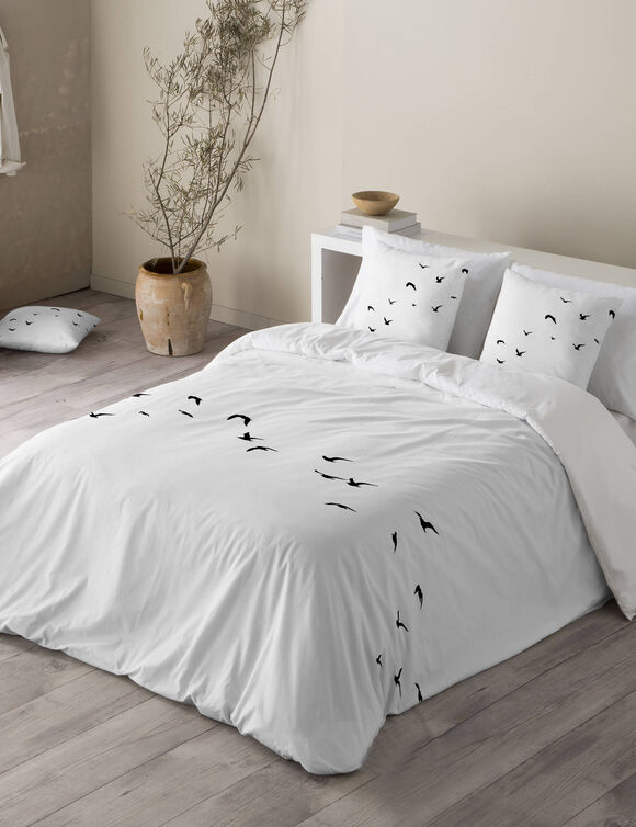 Linge de lit Oiseaux en coton imprimé (blanc)