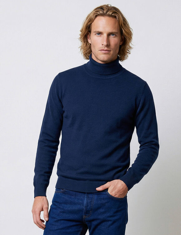 Pull col roul&eacute; en laine m&eacute;lang&eacute;e (marine)