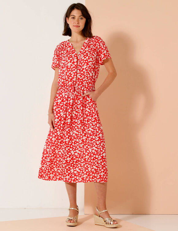 Robe longue col zippé, crépon imprimé (rouge / écru)