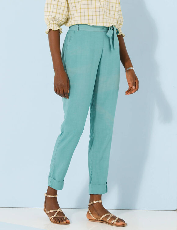 Pantalon 7/8ème fuselé uni, tissu fluide (bleu grisé)