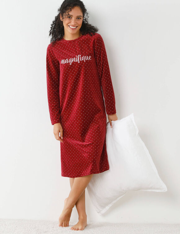 Chemise de nuit en velours imprimé pois  (cerise / écru)