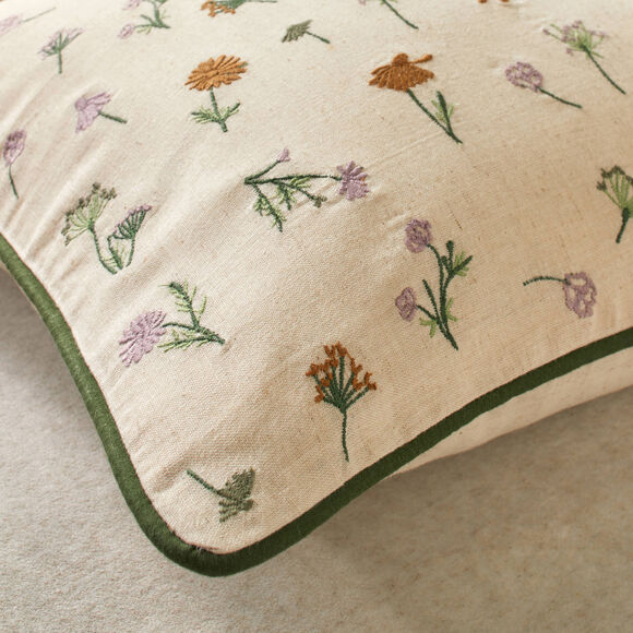 Coussin coton lin broderie fleurie (vert / parme)