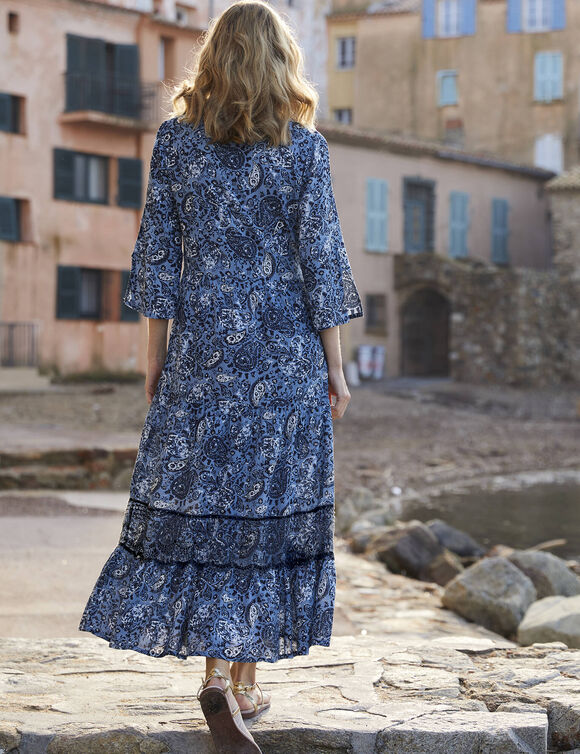 Robe longue imprim&eacute;e manches 3/4 fendues (bleu / indigo)