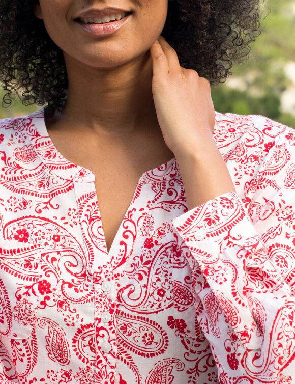 Tunique imprim&eacute; cachemire, manches retroussables (blanc / rouge)