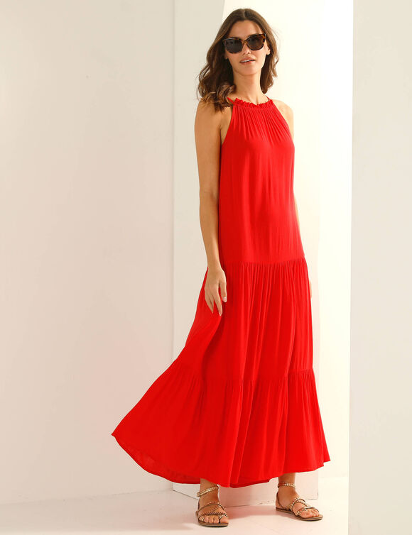 Robe aux fines bretelles, cr&eacute;pon fluide (rood)