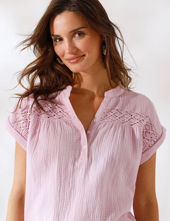 Blouse unie manches courtes, double gaze de coton (mauve)