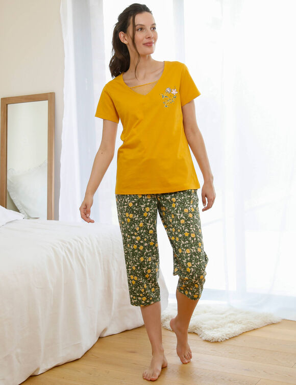 T- shirt pyjama manches courtes motif floral imprim&eacute;  (miel)