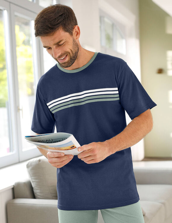Gestreept pyjamashirt met korte mouwen (marine)