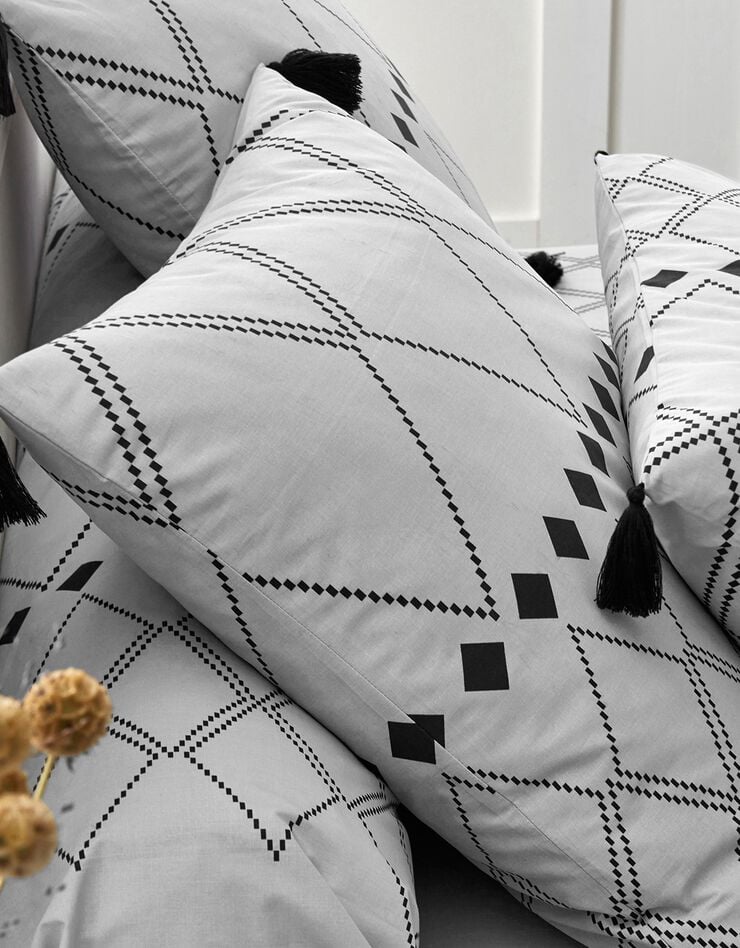 Linge de lit Massai coton à motifs graphiques et finitions pompons, gris, hi-res image number 3