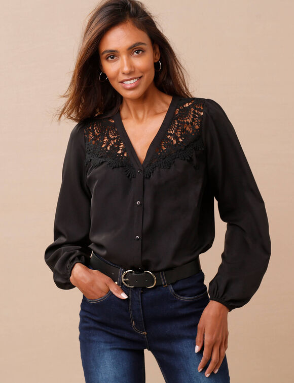 Chemisier empiècement macramé écailles, manches blousantes (noir)