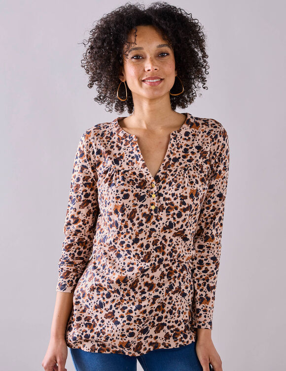 Tunique col boutonné imprimé peau-de-bête (beige / marine)