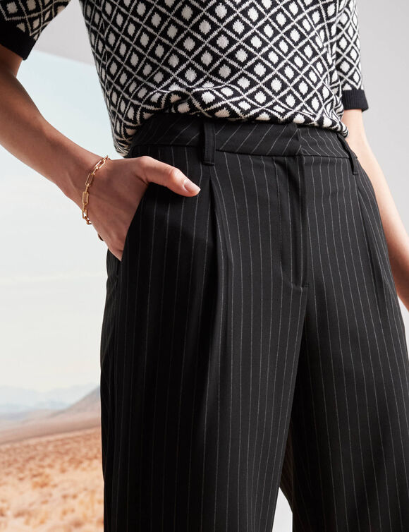 Pantalon large, imprimé rayé (noir)