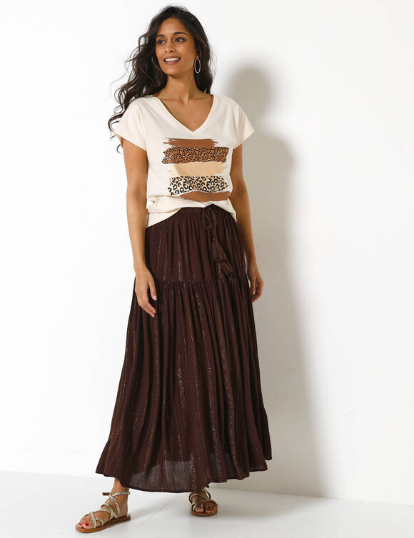 Jupon long en cr&eacute;pon et fils brillants, taille &eacute;lastiqu&eacute;e (chocolat / dor&eacute;)