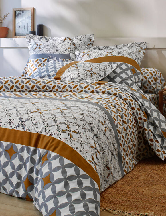 Marlow-beddengoed met geometrische motieven &ndash; katoen 57 draden/cm&sup2; (grijs / karamel)