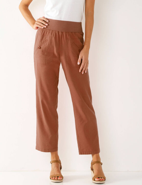 Pantalon droit 7/8&egrave;me, taille &eacute;lastiqu&eacute;e, lin coton (corail)