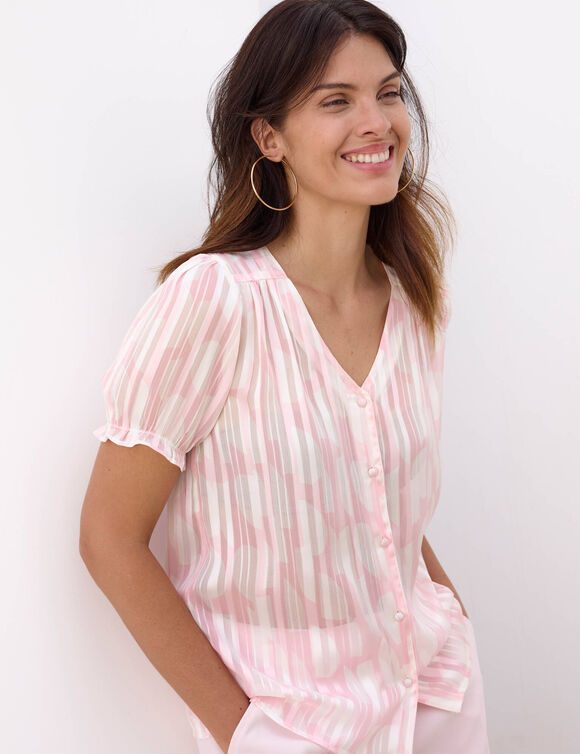 Chemisier manches blousantes imprim&eacute; bicolore, voile jacquard (&eacute;cru / rose p&acirc;le)