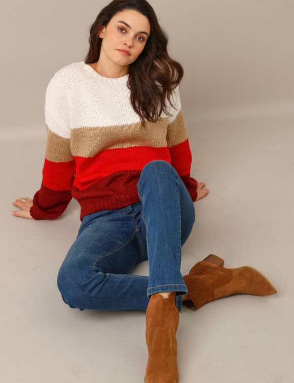 Gestreepte trui met ronde hals, mohairtouch (ecru / rood)