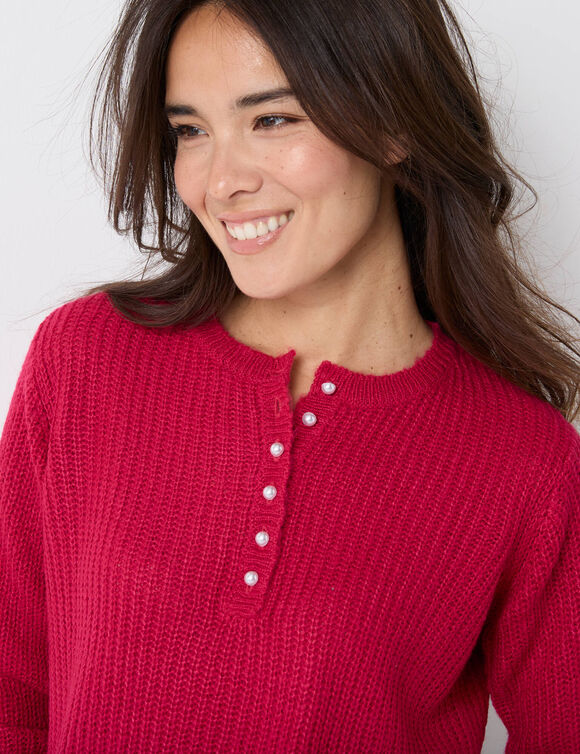 Trui met Tunesische hals, patenttricot met zachte touch (framboos)