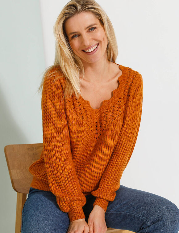 Pull détails ajourés, maille perlée (miel)