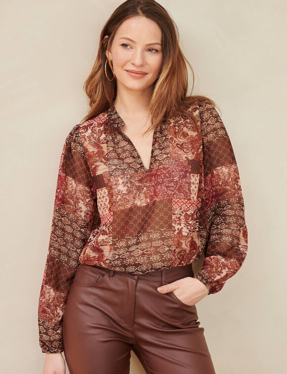 Blouse col montant, imprim&eacute; patchwork (gr&egrave;ge / chocolat)