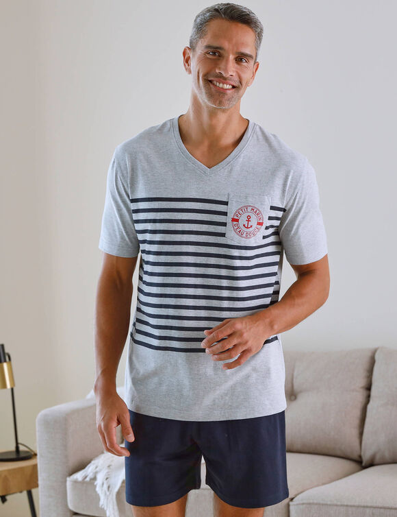 Pyjama short col V &agrave; message (gris chin&eacute; / marine)